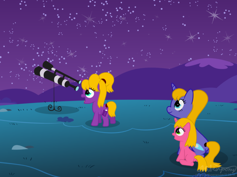 Size: 900x675 | Tagged: artist:dabestpony, bonding time, derpibooru import, dorothy ann, evan, family, magic school bus, mother, ponified, safe, sisters, stargazing, stars, telescope