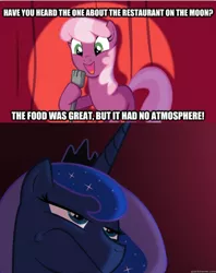 Size: 536x676 | Tagged: cheerilee, cheerilee pun, derpibooru import, exploitable meme, frown, image macro, luna is not amused, meme, princess luna, pun, safe, tough critic luna, unamused