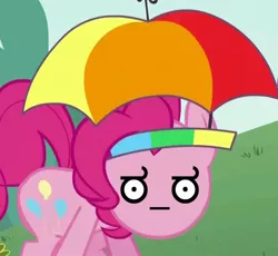 Size: 852x784 | Tagged: safe, derpibooru import, edit, edited screencap, screencap, pinkie pie, earth pony, pony, feeling pinkie keen, female, hat, look of disapproval, mare, umbrella hat