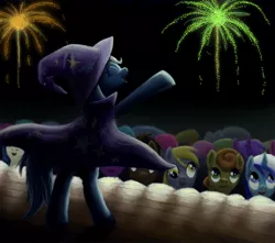 Size: 1694x1500 | Tagged: safe, artist:fox-moonglow, derpibooru import, carrot top, derpy hooves, doctor whooves, golden harvest, minuette, rarity, time turner, trixie, pegasus, pony, female, fireworks, happy, mare, smiling, stage