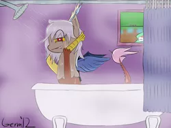 Size: 900x675 | Tagged: artist:germaneseguy, bathtub, blushing, claw foot bathtub, derpibooru import, discord, eris, princess celestia, rule 63, safe, shower, voyeurism, wet