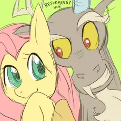 Size: 400x400 | Tagged: artist needed, source needed, safe, derpibooru import, discord, fluttershy, keep calm and flutter on, discoshy, female, male, shipping, straight