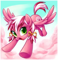 Size: 1000x1042 | Tagged: safe, artist:centchi, derpibooru import, oc, oc:candy star, unofficial characters only, pegasus, pony, bow, cloud, cotton candy, cotton candy cloud, cute, female, flying, food, hair bow, mare, open mouth, sky, smiling, solo