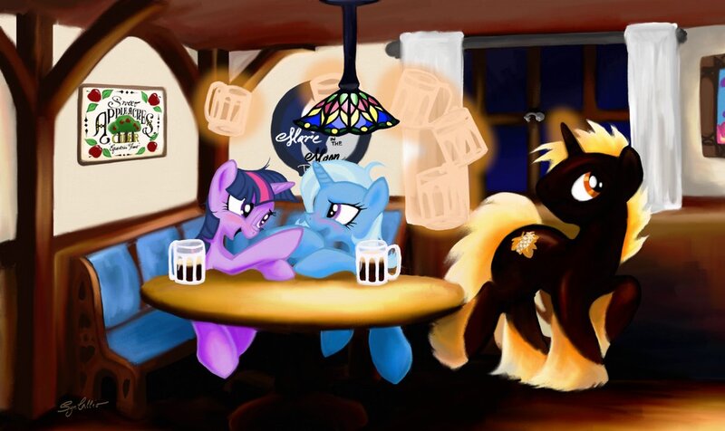 Size: 1159x689 | Tagged: alcohol, artist:syncallio, blushing, derpibooru import, drink, drunk, drunk twilight, female, lesbian, oc, safe, shipping, the great and alcoholics trixie, trixie, twilight sparkle, twixie