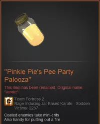 Size: 354x441 | Tagged: derpibooru import, jar, jarate, pee in container, pinkie pie, safe, team fortress 2, urine