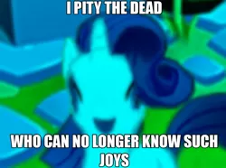 Size: 1024x761 | Tagged: derpibooru import, edit, faic, gameloft, gameloft shenanigans, good end, happy, image macro, i pity the dead who can no longer know such joys, only the dead can know peace from this evil, rarity, reaction image, sad, safe, subverted meme