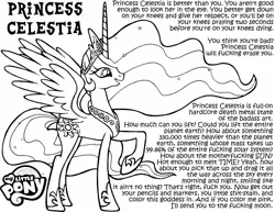 Size: 1600x1236 | Tagged: artist:tygerbug, coloring book, derpibooru import, extreme, hardcore, monochrome, offensive, princess celestia, reality sucks, safe, text, vulgar, wall of text