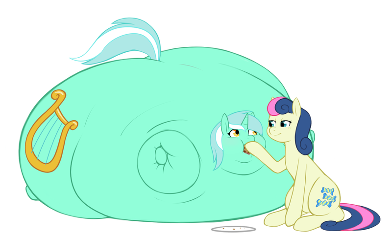 Size: 1775x1068 | Tagged: questionable, artist:redintravenous, derpibooru import, bon bon, lyra heartstrings, sweetie drops, blob, blob ponies, chubby cheeks, cookie, cutie mark, eating, fat, feeder, feeder bon bon, feeding, food, force feeding, immobile, impossibly large belly, impossibly large butt, impossibly obese, lard-ra heartstrings, lyra feedee, lyrabon, morbidly obese, nom, obese, plot, shipping, stuffing, weight gain