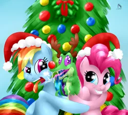 Size: 1200x1080 | Tagged: safe, artist:poneebill, derpibooru import, gummy, pinkie pie, rainbow dash, antlers, christmas, mistletoe, pinkiedash, rudolph nose, shipping