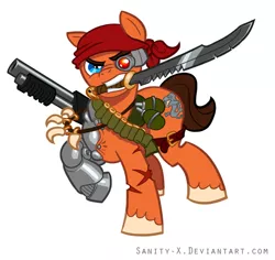 Size: 900x851 | Tagged: artist:sanity-x, bandana, catachan jungle fighters, colonel iron hand straken, cutie mark, cyborg, derpibooru import, grenade, gun, imperial guard, knife, ponified, scar, semi-grimdark, shotgun, warhammer 40k, warhammer (game), weapon