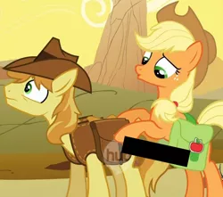 Size: 500x442 | Tagged: suggestive, derpibooru import, edit, edited screencap, screencap, applejack, braeburn, over a barrel, censored, desert, hub logo, out of context