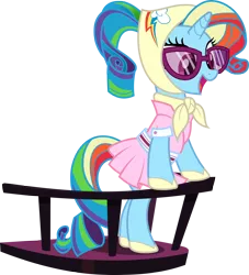 Size: 2400x2638 | Tagged: bipedal leaning, camping outfit, clothes, derpibooru import, dress, edit, glasses, open mouth, rainbow dash, rainbow dash always dresses in style, rarity, recolor, safe, simple background, sleepless in ponyville, smiling, solo, transparent background, vector, vector edit