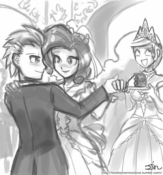 Size: 735x788 | Tagged: safe, artist:johnjoseco, derpibooru import, princess celestia, rarity, spike, human, awesome face, cake, cakelestia, dancing, female, grayscale, humanized, male, monochrome, palindrome get, shipping, sparity, straight, waltz, wedding