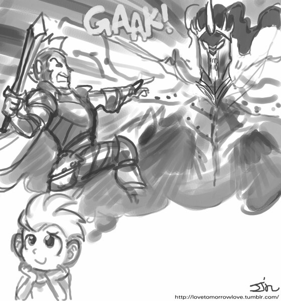 Size: 735x788 | Tagged: artist:johnjoseco, daydream, derpibooru import, dream, fantasy class, gak, grayscale, human, humanized, king sombra, knight, monochrome, older, safe, spike, spike vs sombra, sword, warrior