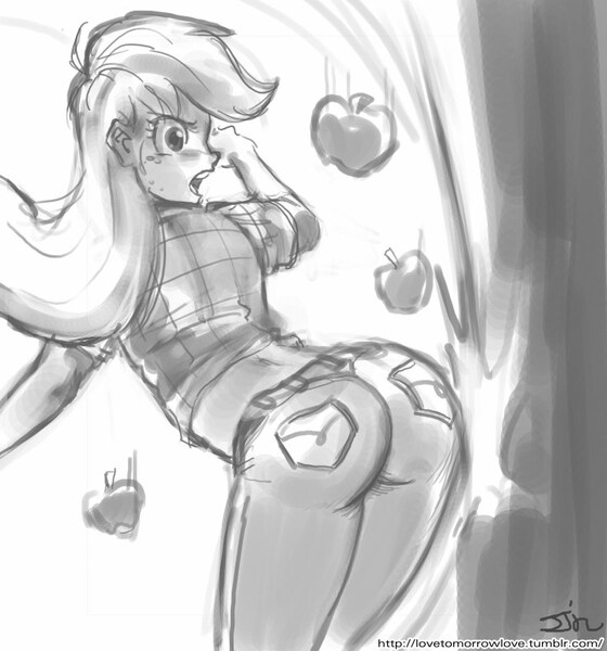 Size: 735x788 | Tagged: apple, applebucking, applebucking thighs, applejack, applejack mid tree-buck facing the left with 3 apples falling down, applejack mid tree-buck with 3 apples falling down, artist:johnjoseco, ass, bucking, butt bump, butt smash, derpibooru import, falling, female, food, grayscale, human, humanized, monochrome, solo, solo female, suggestive