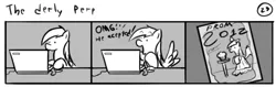 Size: 802x253 | Tagged: safe, artist:tetrapony, derpibooru import, derpy hooves, pegasus, pony, comic:the daily derp, background pony, clothes, computer, dress, female, food, laptop computer, mare, muffin, omg, prom, the derly perp