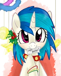 Size: 2000x2500 | Tagged: artist:marisalle, bell collar, collar, derpibooru import, holly, jingle bells, mouth hold, safe, vinyl scratch