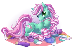 Size: 800x518 | Tagged: safe, artist:shinepawpony, derpibooru import, minty, candy cane, clothes, g3, g3 to g4, generation leap, socks, solo, striped socks, tongue out