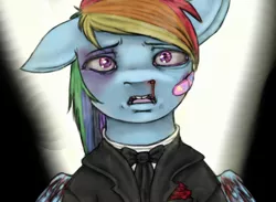 Size: 842x617 | Tagged: artist:colorlesscupcake, bandaid, blood, clothes, grimdark, injured, nosebleed, rainbow dash, solo