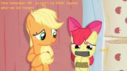 Size: 680x382 | Tagged: grimdark, suggestive, derpibooru import, edit, edited screencap, screencap, apple bloom, applejack, earth pony, pony, apple family reunion, bed, bondage, crying, female, filly, gag, implied foalcon, implied incest, implied rape, mare, on back, pillow, rape, rope, tape gag