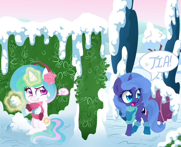 Size: 1512x1224 | Tagged: dead source, safe, artist:luminairous, derpibooru import, princess celestia, princess luna, chibi, clothes, cute, earmuffs, sisters, snow, snowball, sweater