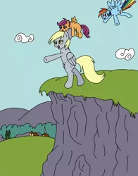 Size: 792x1008 | Tagged: safe, artist:spark-burst, derpibooru import, derpy hooves, rainbow dash, scootaloo, pegasus, pony, background pony, cliff, cloud, derp, fastball special, female, filly, flying lesson, implied scootabuse, mare, scootaloo can't fly, this will end in death, this will end in tears, this will end in tears and/or death