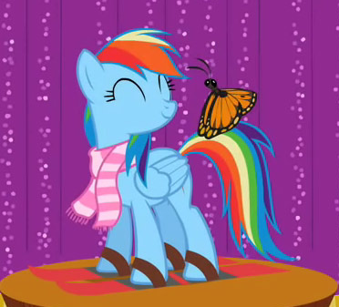 Size: 372x337 | Tagged: butterfly, derpibooru import, may the best pet win, rainbow dash, safe, screencap, skis