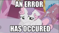 Size: 864x484 | Tagged: safe, derpibooru import, edit, edited screencap, screencap, sweetie belle, pony, robot, robot pony, unicorn, friendship is witchcraft, blank flank, female, filly, floppy ears, foal, hooves, horn, image macro, lying down, prone, solo, sweetie bot, text