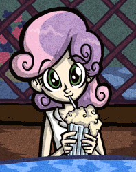 Size: 635x800 | Tagged: animated, artist:giyganmage, clothes, cute, derpibooru import, drinking, eyes closed, female, human, humanized, looking at you, milkshake, one bad apple, safe, scene interpretation, solo, sweetie belle