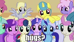 Size: 600x338 | Tagged: safe, derpibooru import, edit, edited screencap, screencap, amethyst star, bon bon, derpy hooves, dizzy twister, lemon hearts, lightning bolt, lyra heartstrings, minuette, orange swirl, rainbowshine, sea swirl, seafoam, shoeshine, sweetie drops, twinkleshine, white lightning, pegasus, pony, applebuck season, bronybait, female, hug, hug request, image macro, looking at you, mare, underp