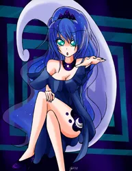 Size: 2543x3295 | Tagged: safe, artist:manhunterj, derpibooru import, princess luna, humanized, looking at you, nail polish, sitting, solo