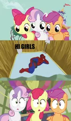 Size: 1128x1905 | Tagged: 60s spider-man, apple bloom, comic, cutie mark crusaders, derpibooru import, edit, edited screencap, hearts and hooves day, hearts and hooves day (episode), mattress, meme, pit, safe, scootaloo, screencap, screencap comic, shovel, spider-man, sweetie belle