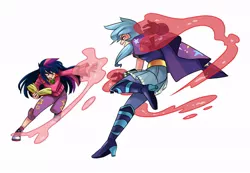 Size: 800x552 | Tagged: artist:gomigomipomi, book, converse, derpibooru import, fight, human, humanized, magic, magic duel, safe, scene interpretation, shoes, trixie, twilight sparkle