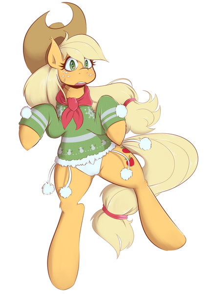 Size: 1100x1500 | Tagged: applejack, artist:balooga, cameltoe, christmas, clothes, derpibooru import, female, questionable, simple background, solo, solo female, sweater