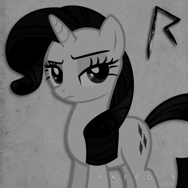 Size: 800x800 | Tagged: album cover, artist:adrianimpalamata, black and white, derpibooru import, grayscale, monochrome, parody, rarity, rated r, rihanna, safe, solo