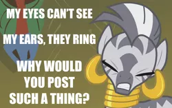 Size: 1150x720 | Tagged: caption, derpibooru import, image macro, reaction image, rhyme, safe, why, why would you post that, zebra, zecora
