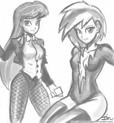 Size: 735x788 | Tagged: artist:johnjoseco, clothes, dc comics, derpibooru import, duo, duo female, female, grayscale, human, humanized, livewire, looking at you, monochrome, octavia melody, pantyhose, safe, vinyl scratch, zatanna