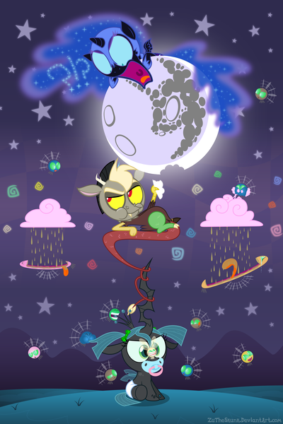 Size: 3329x4993 | Tagged: safe, artist:zutheskunk, derpibooru import, discord, nightmare moon, queen chrysalis, alicorn, changeling, changeling queen, draconequus, nymph, parasprite, pony, absurd resolution, angry, baby, baby discord, baby draconequus, baby pony, bow, chocolate, chocolate milk, chocolate rain, cotton candy, crown, cute, cutealis, diaper, discute, female, filly, filly queen chrysalis, foal, food, hair bow, jewelry, madorable, mare in the moon, milk, moon, moonabetes, nightmare woon, pacifier, rain, regalia, signature, stars, younger