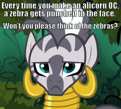 Size: 800x720 | Tagged: safe, derpibooru import, zecora, zebra, alicorn oc, :c, caption, everfree forest, female, frown, image macro, lidded eyes, looking at you, mare, meta, public service announcement, punch, sad, text