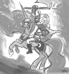 Size: 735x788 | Tagged: artist:johnjoseco, axe, crossover, derpibooru import, grayscale, horseless headless horsemann, looking at you, majestic, monochrome, napoleon crossing the alps, nightmare moon, rearing, reins, riding, safe, team fortress 2, weapon