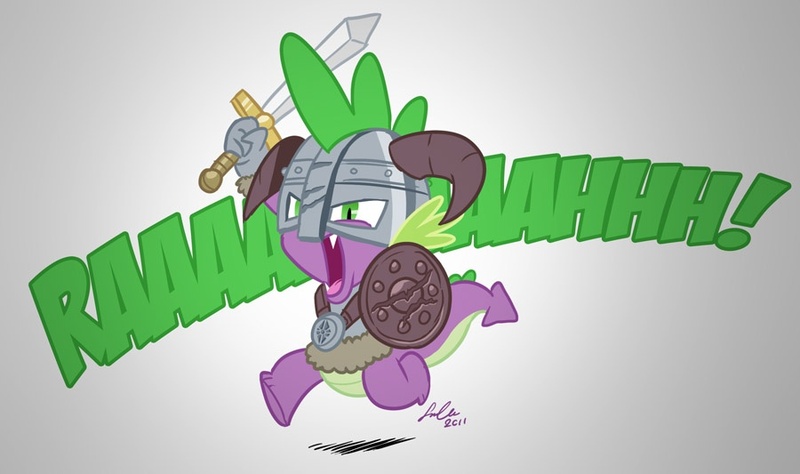 Size: 900x533 | Tagged: armor, artist:crikeydave, crossover, derpibooru import, dragonborn, helmet, safe, shield, skyrim, spike, sword, the elder scrolls