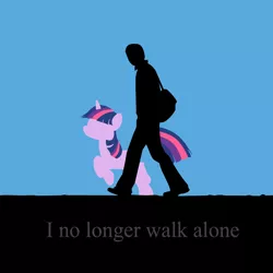 Size: 1280x1280 | Tagged: artist needed, safe, derpibooru import, twilight sparkle, human, pony, unicorn, bag, blue background, female, jumping, mare, raised leg, silhouette, simple background, tulpa, unicorn twilight, walking