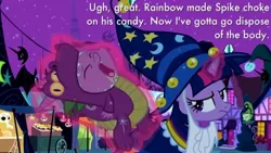 Size: 698x393 | Tagged: safe, derpibooru import, edit, edited screencap, screencap, spike, twilight sparkle, luna eclipsed, clothes, costume, dragon costume, duo, image macro, levitation, magic, nightmare night costume, star swirl the bearded costume, telekinesis