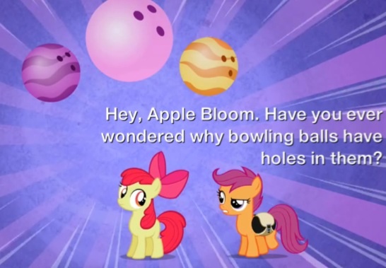 Size: 546x379 | Tagged: safe, derpibooru import, edit, edited screencap, screencap, apple bloom, scootaloo, earth pony, pegasus, pony, the cutie pox, bag, bowling ball, duo, female, filly, foal, image macro, purple background, simple background, sunburst background