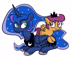 Size: 1124x911 | Tagged: artist:heretichesh, princess luna, prone, safe, scootaloo, simple background