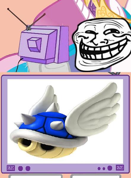 Size: 563x765 | Tagged: blue shell, derpibooru import, exploitable meme, koopa shell, mario kart, meme, princess celestia, safe, super mario bros., trollestia, trollface, tv meme