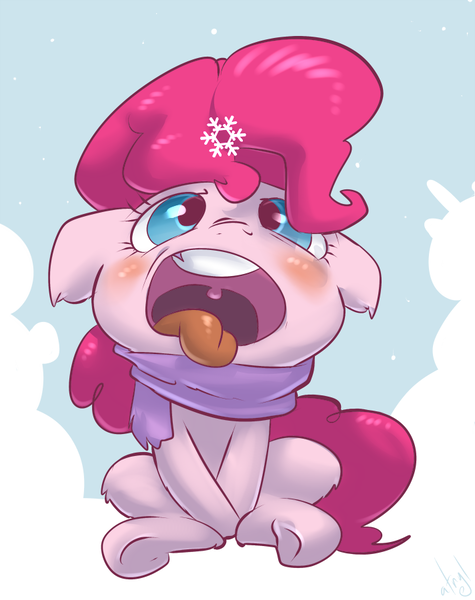 Size: 712x900 | Tagged: safe, artist:atryl, derpibooru import, pinkie pie, clothes, cute, diapinkes, leg fluff, scarf, sitting, snow, snowfall, snowflake, solo, tongue out, winter