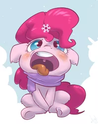 Size: 712x900 | Tagged: safe, artist:atryl, derpibooru import, pinkie pie, clothes, cute, diapinkes, leg fluff, scarf, sitting, snow, snowfall, snowflake, solo, tongue out, winter