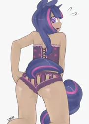 Size: 666x918 | Tagged: suggestive, artist:lumo, derpibooru import, twilight sparkle, human, bare shoulders, clothes, eared humanization, female, horned humanization, humanized, lingerie, plewds, rear view, simple background, solo, solo female, starry eyes, tailed humanization, white background, wingding eyes