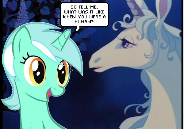 Size: 600x421 | Tagged: safe, derpibooru import, lyra heartstrings, classical unicorn, pony, unicorn, amalthea, cloven hooves, crossover, female, lady amalthea, leonine tail, mare, spoiler, that pony sure does love humans, the last unicorn, thousand yard stare, unshorn fetlocks